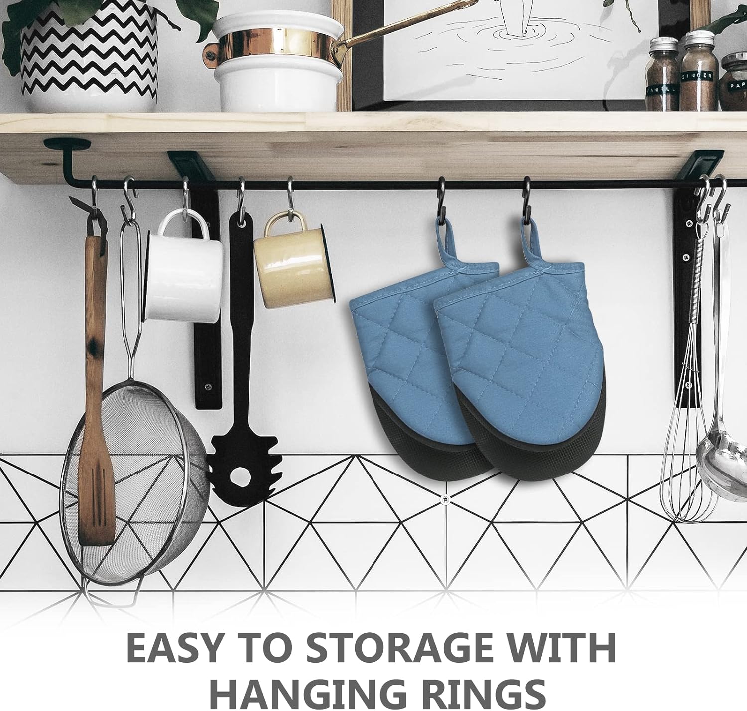 Qulable 1 Pair Short Oven Mitts - Silicone Kitchen Oven Gloves High Heat Resistant 500℉, Mini Oven Mits with Non-Slip Grip Surfaces and Hanging Loop for BBQ, Baking, Cooking and Grilling (Bule)