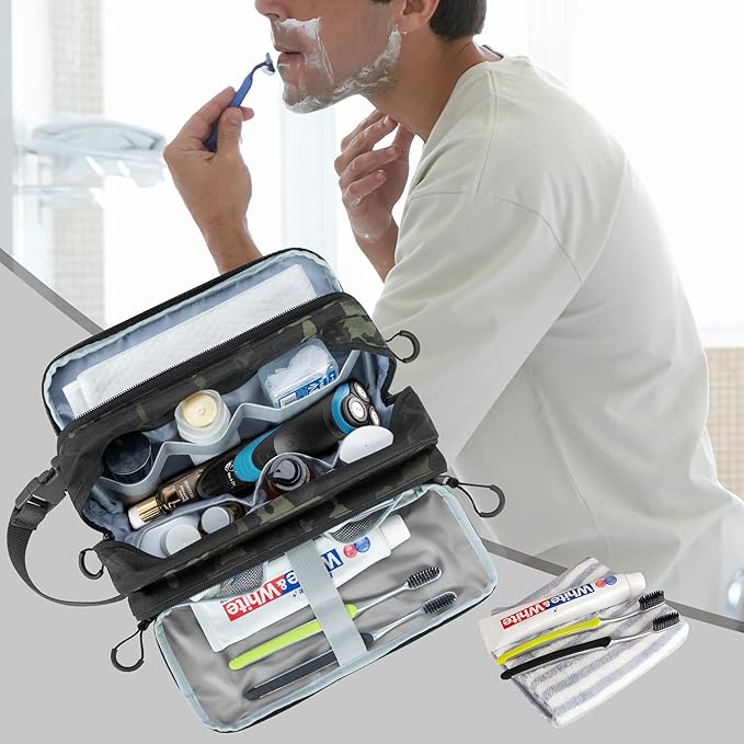 Tactical Toiletry Travel Bag for Men, Dopp Kit Shaving Organizer Case for Toiletries, Shower and Grooming Care Accessories, Camo(Empty Bag Only, Patent Design)