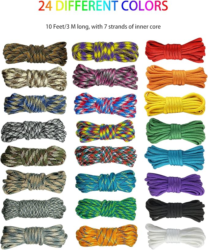24 Colors 10 Feet Paracord Cord Multifunction Paracord Ropes 550lb Survival Paracord Random Combo Crafting Kit, for Making Lanyard, Bracelet, Dog Collar, Idea for Gift