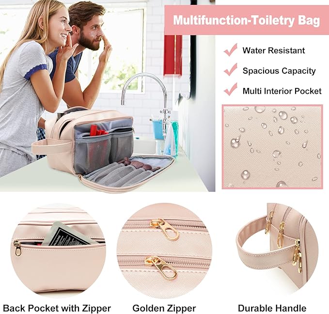 Travel Toiletry Bag for Women, Water-resistant Toiletry Organizer Dopp Kit, Dorm Room Essentials for Girls, Eco Leather Make Up Bag for Toiletries Accessories, Mother's Day Graduation Gifts for Her
