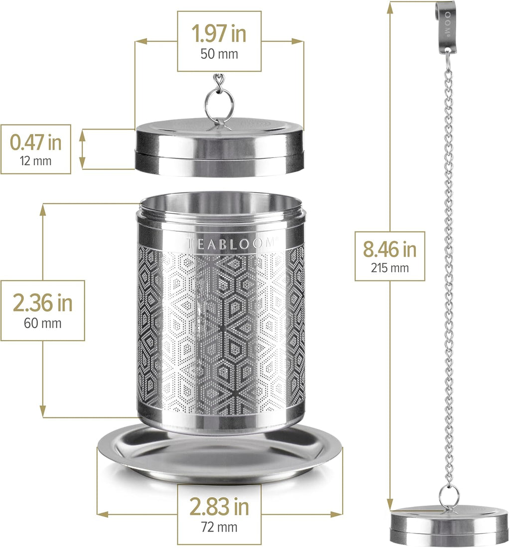 Teabloom Elegant Stainless Steel Loose Leaf Tea Infuser – Tea Connoisseur's Choice for White, Green, Oolong, Black, and Herbal Teas – Geometric Blossom Design – Large Size