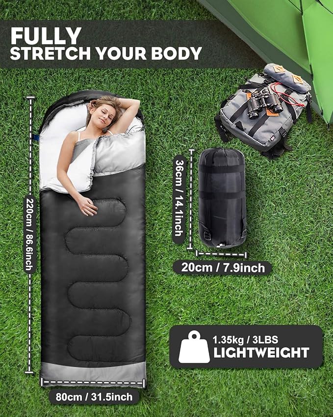 Rantizon Sleeping Bags for Adults Backpacking Lightweight Waterproof- Cold/Warm Weather Sleeping Bag for Mens Kids Boys Girls Camping Essentials Hiking Outdoor Travel Hunting with Compression Bags