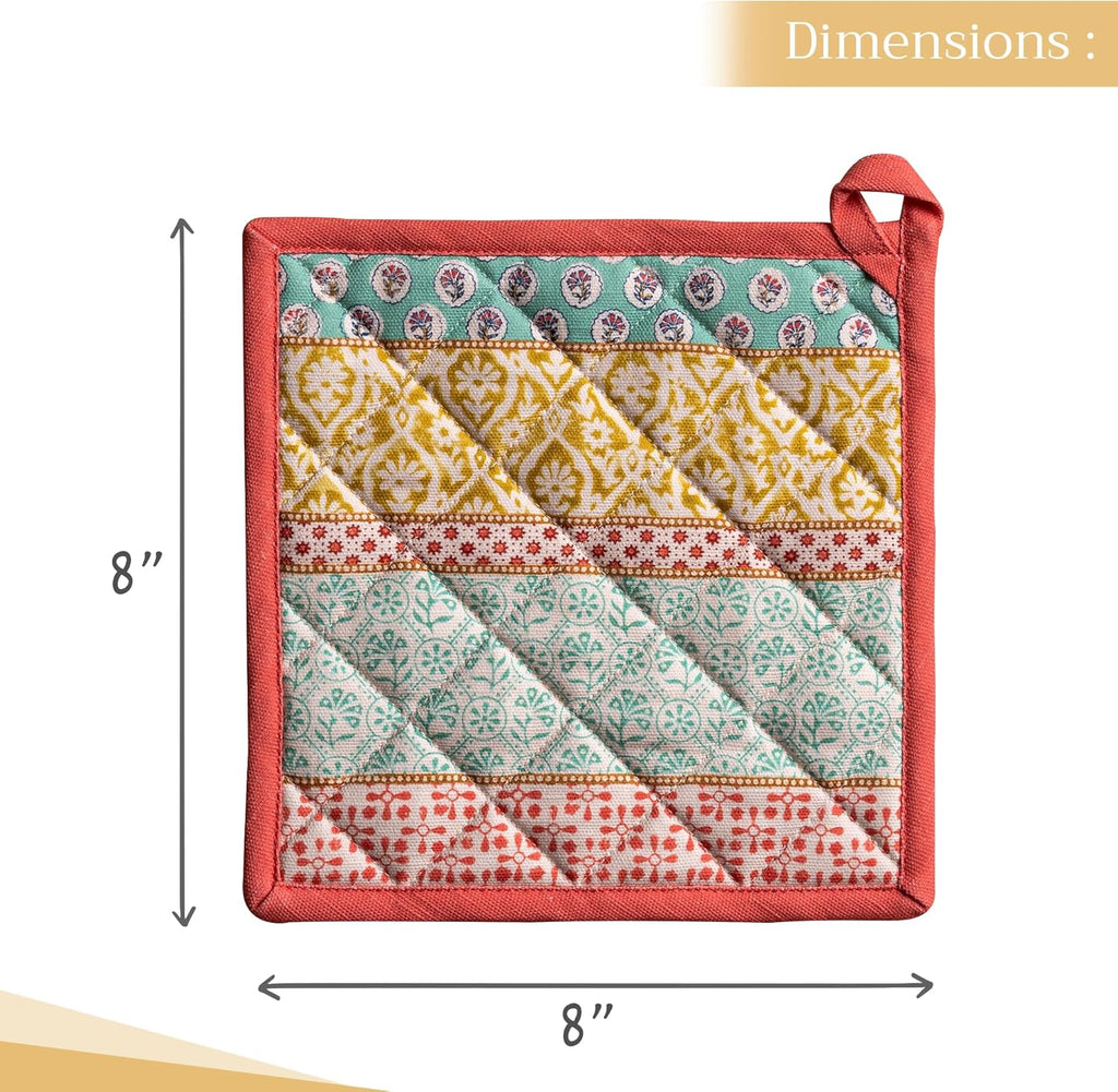 Maison d' Hermine Pot Holders Set 100% Cotton Heat Resistant Potholders 8" x 8" Hot Pads with Loop BBQ, Cooking, Baking, Grilling, Kitchen, Handling Hot Pans Spring/Summer (Pack of 2, Provence)