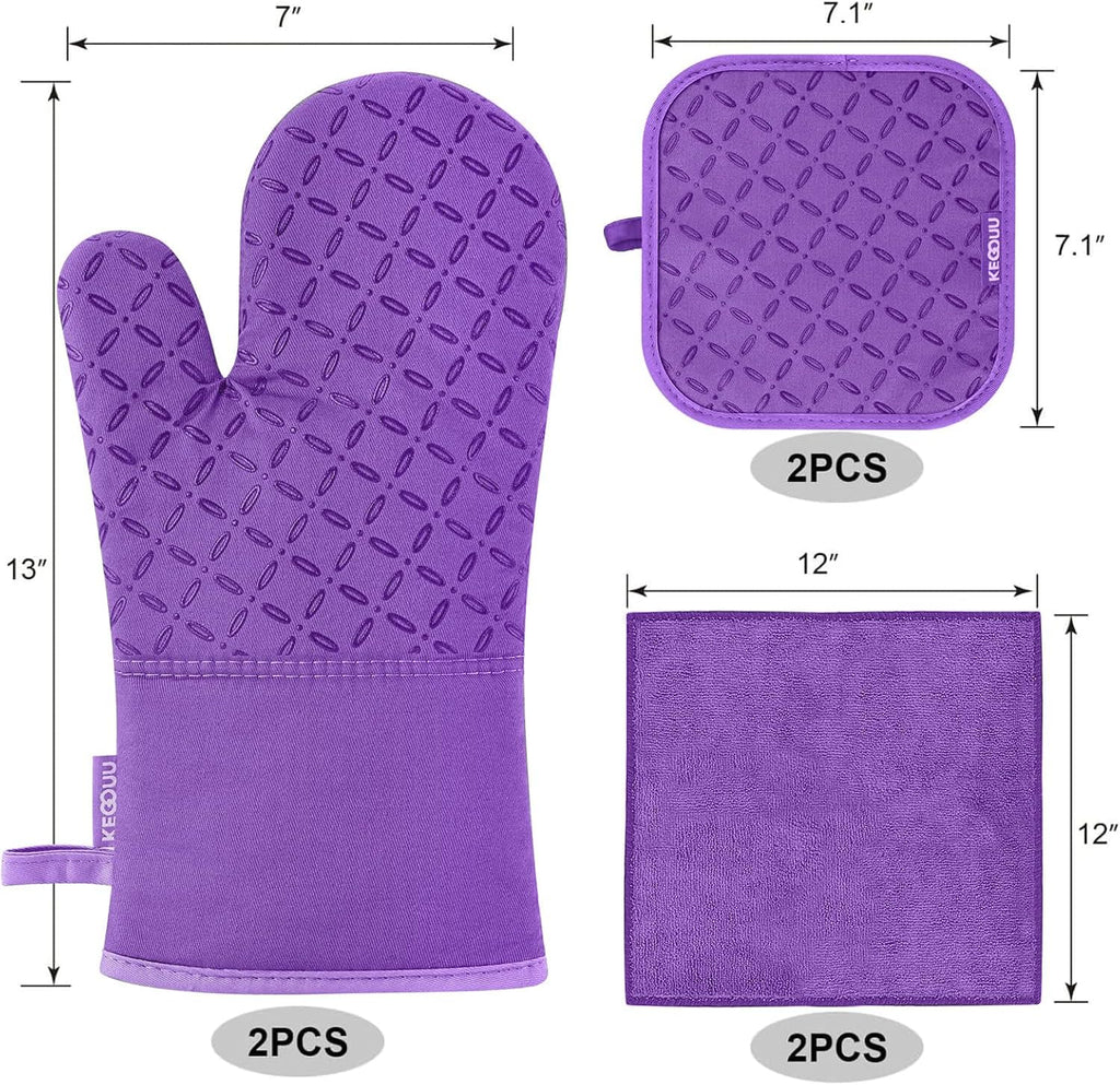 KEGOUU Oven Mitts and Pot Holders 6pcs Set, Kitchen Oven Glove High Heat Resistant 500 Degree Extra Long Oven Mitts and Potholder with Non-Slip Silicone Surface for Cooking (Purple)