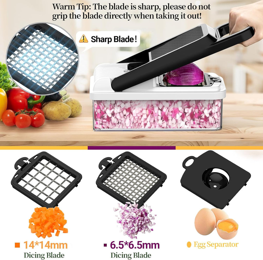 12-in-1 Vegetable Chopper, 7 Blades Veggie Chopper with Container and Lid, Dicer, Slicer, Multifunctional Kitchen Gadgets, Vegetable Cutter with Handle, Onion Cutter(Black/White)