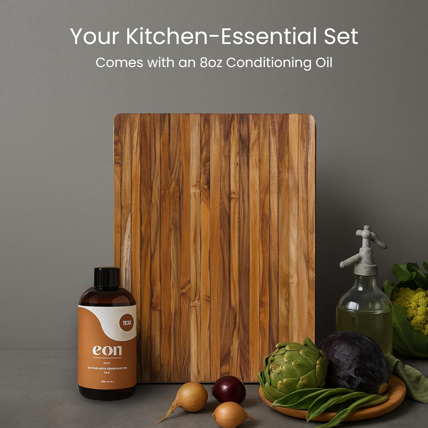 Teakhaus Carving Board and Cutting Board Oil Set - Includes Medium (M) Wood Cutting Board with Grip Handles and EON Food Grade Mineral Oil - Knife-Friendly - FSC Certified