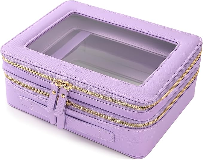 Aveniee Clear Makeup Bags, Double Layer Cosmetic Bags with a Separate Brush Compartment, Large Travel Toiletry Bag Train Case for Women, Travel Accessories Organizer(2 Layers Large, Lilac)