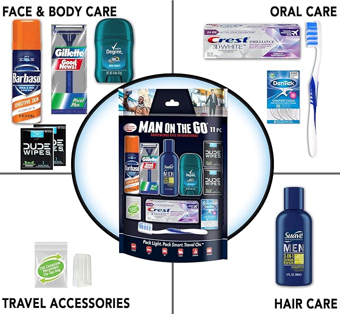 Convenience Kits International Men’s 11 Piece Kit with Oral Care and Grooming Essentials, Featuring: Travel Size Products, Blue