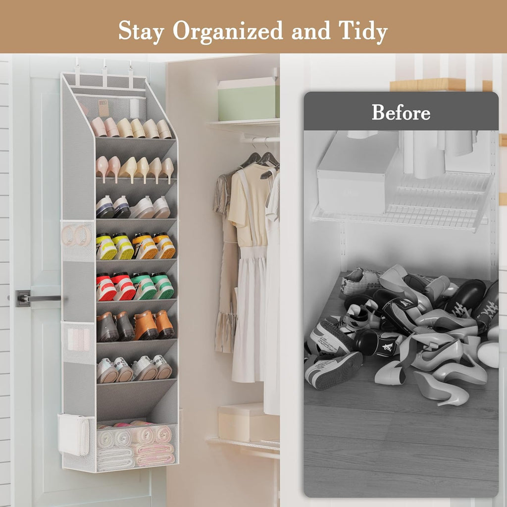 Criusia Shoe Organizer, Over the Door Shoe Organizer, Hanging Closet Shoe Storage with Large Deep Pockets, Fits 16–24 Pairs of Sneakers, Sandals, Boots, Gray