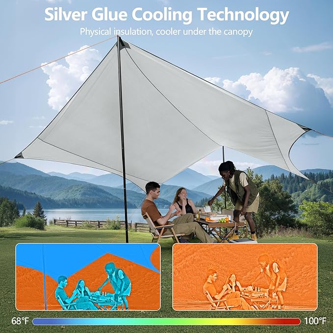 Camping Tarp with Poles & Retainer,15x12.5FT Large Waterproof 210D Oxford Cloth Camping Canopy, Anti-UV UPF100+ Tent Tarp Car Awning for Outdoor, Picnic, Hammock, Car, Backpacking(Khaki)