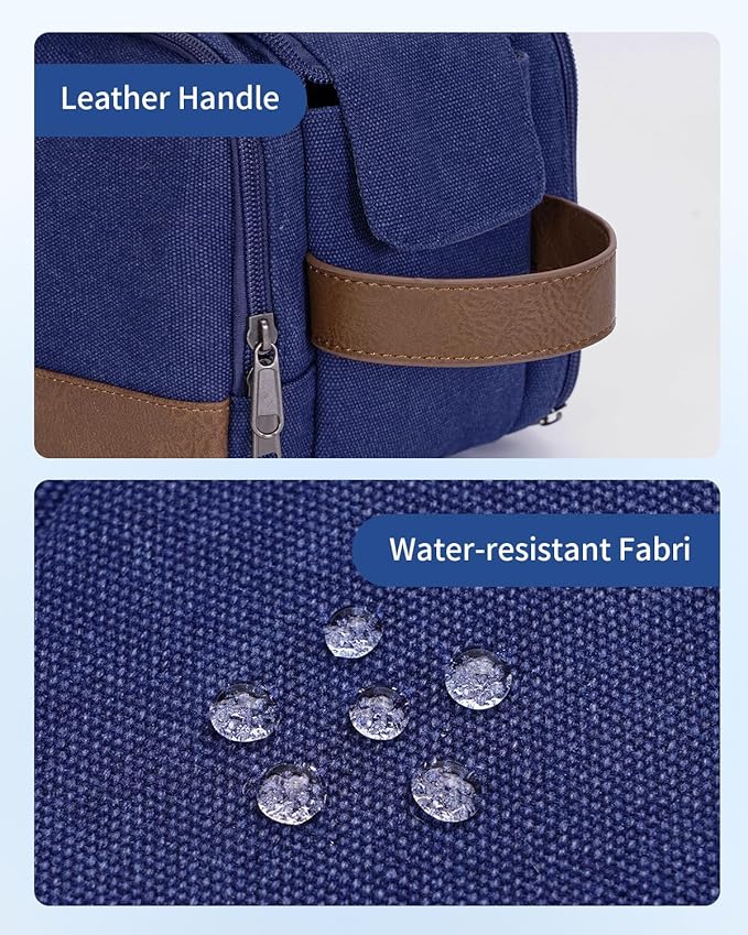 WANDF Toiletry Bag for Men Travel Toiletry Organizer Canvas and Leather Dopp Kit Water-Resistant Shaving Bag for Travel Accessories (Blue, Patent Pending)
