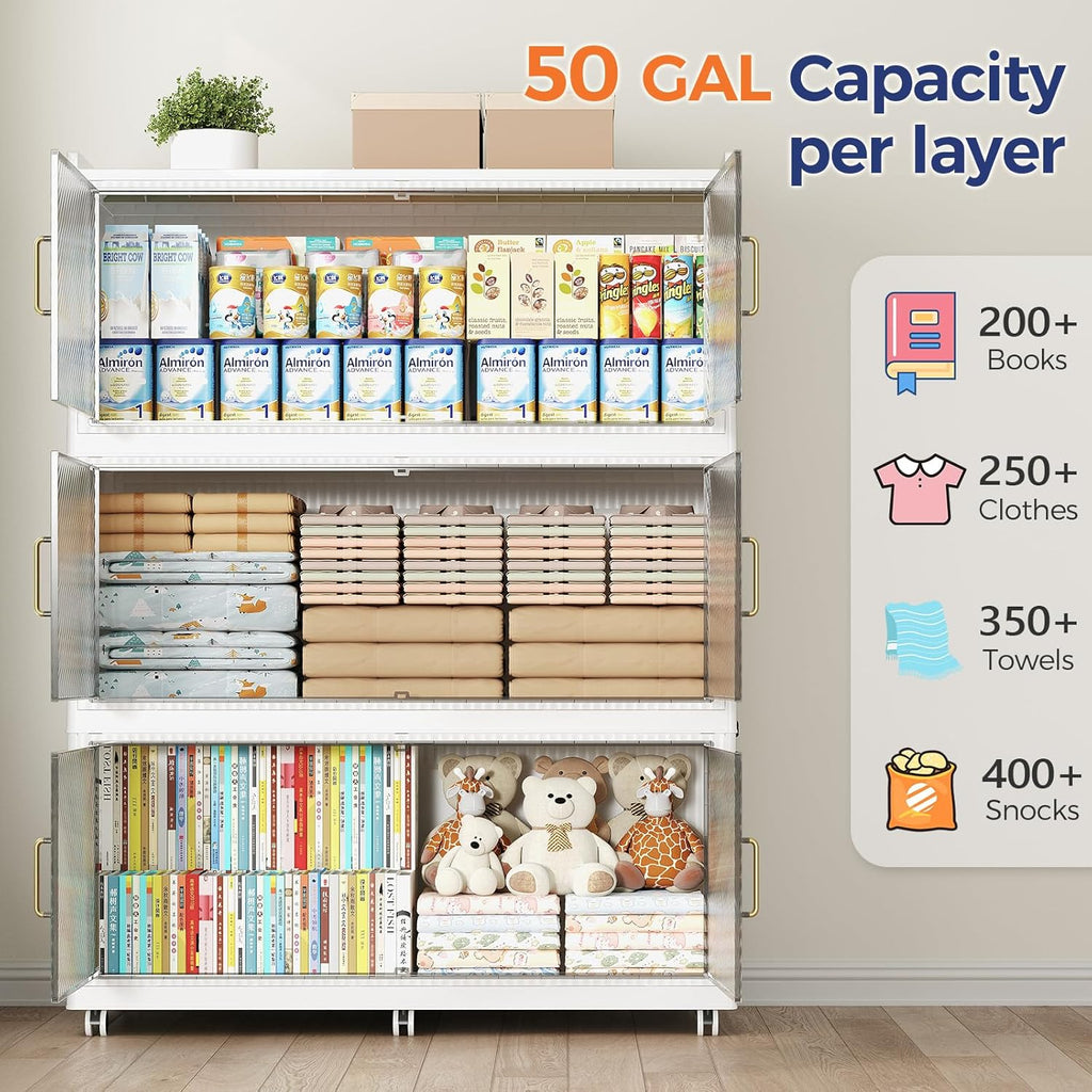 150GAL Extra Large Storage Bins with Lid, 600QT Plastic Stackable Storage Bins with 6x Wheels, Collapsible Closet Organizer and Storage Drawer Cabinet for Living Room Office Dorm, 3Pack White