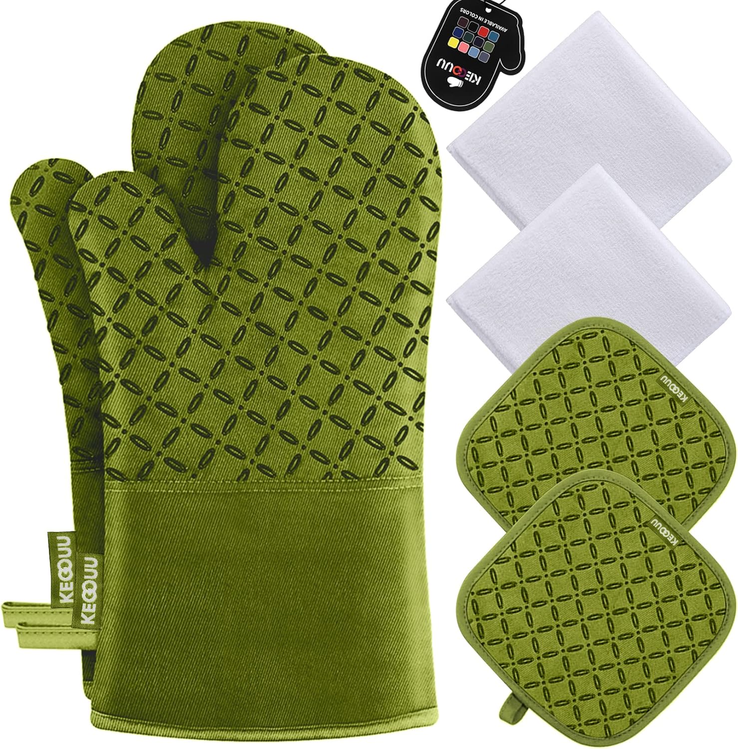 KEGOUU Oven Mitts and Pot Holders 6pcs Set, Kitchen Oven Glove High Heat Resistant 500 Degree Extra Long Oven Mitts and Potholder with Non-Slip Silicone Surface for Cooking (Olive Drab)