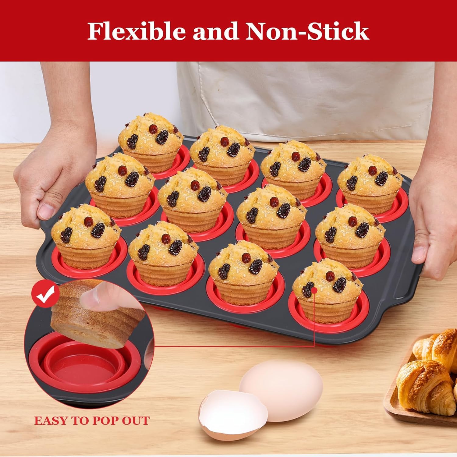 12 Cups Silicone Muffin Pans for Baking with Metal Frame, Egg Bite Molds, Cupcake Pans Regular Size, Muffin Tins Easy to Pop Nonstick Non Toxic Bakeware for Oven Dishwasher Safe