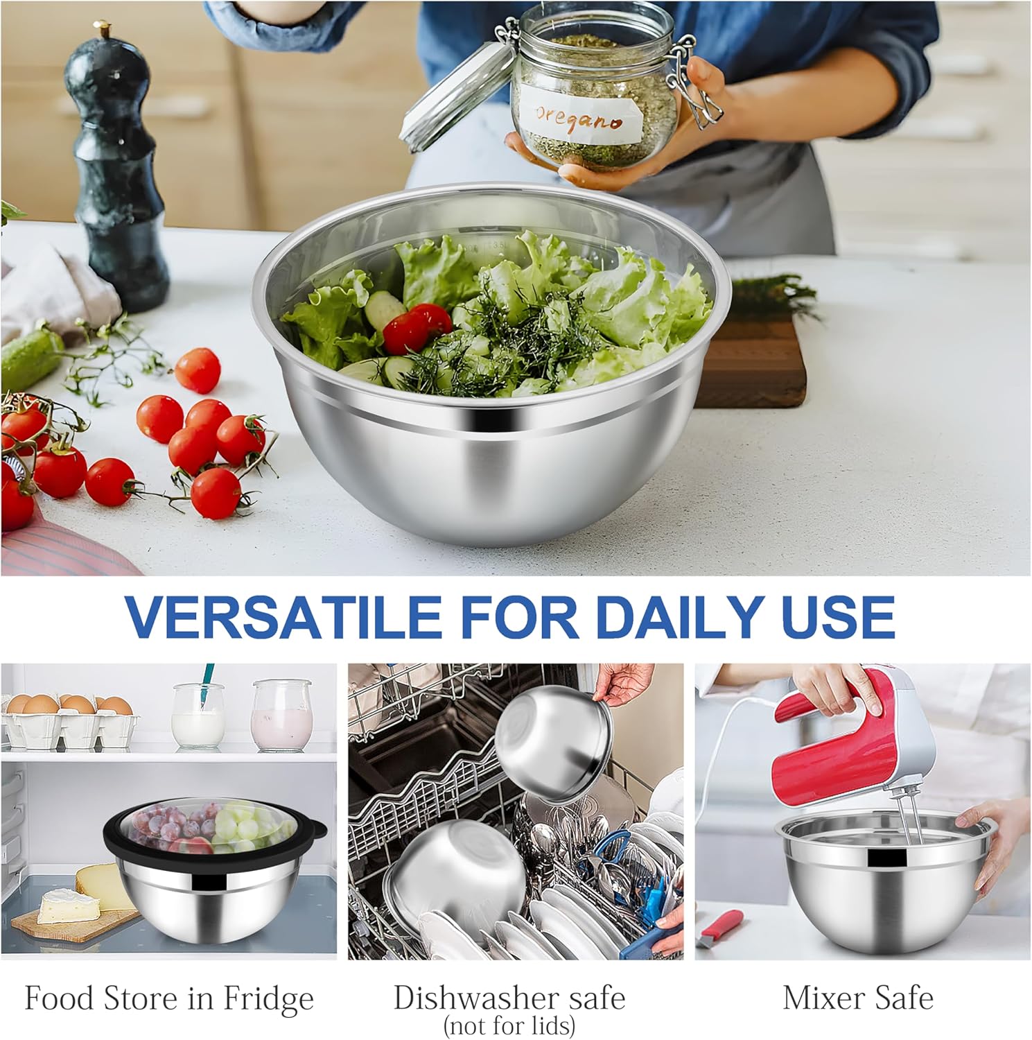 TeamFar Mixing Bowls, 4.5/3/1.5 QT Stainless Steel Nesting Salad Bowls with Airtight Lids, For Serving/Mixing/Storing/Prepping, Non-Toxic & Sturdy, Visible & Easy Clean, Black, Set of 3