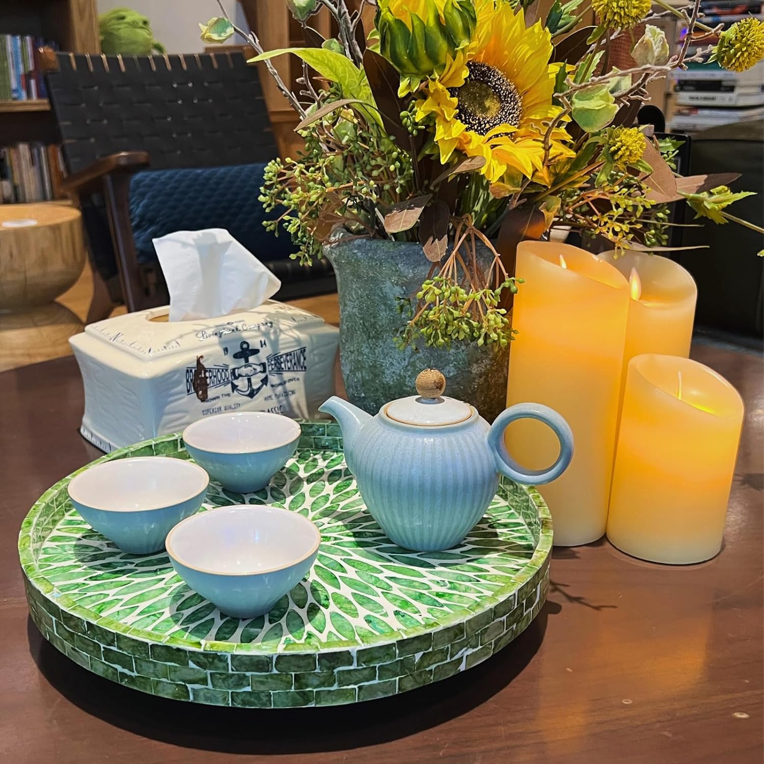 12.5" Lazy Susan for Table Top – Mother of Pearl Spinning Turntable Serving Tray, Marble Lazy Susan Organizer for Dining Table Centerpiece, Kitchen Island Decor, Bathroom Counter, Outdoor Use (Green)