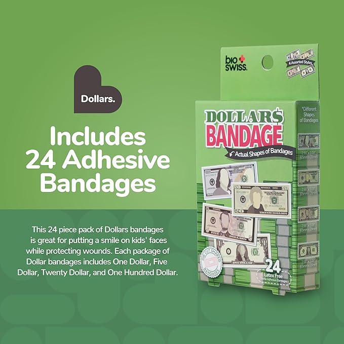 BioSwiss Bandages, Money Shaped Self Adhesive Bandage, Latex Free Sterile Wound Care, Fun First Aid Kit Supplies for Kids, 24 Count
