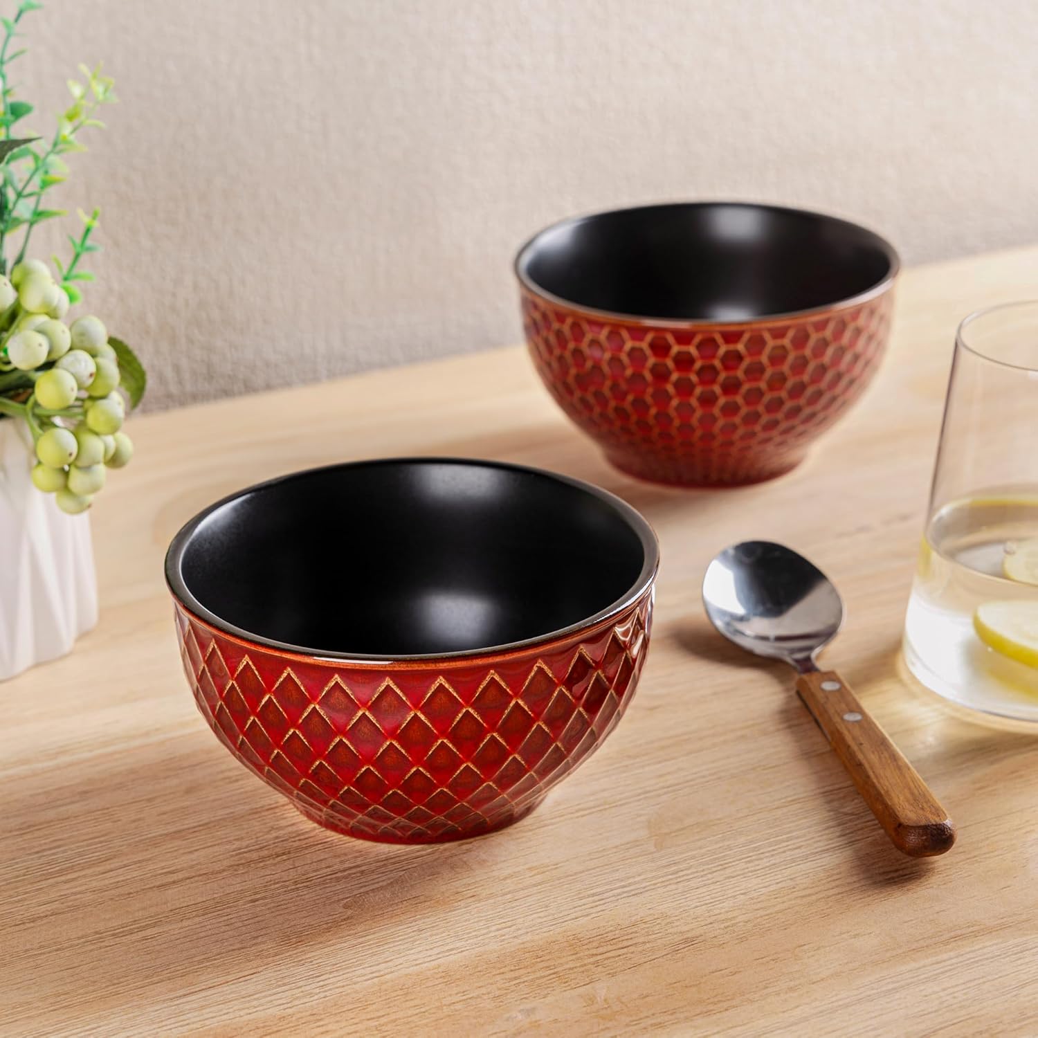 GBHOME Stoneware Cereal Bowls Set of 4, 24 oz Ceramic Soup Bowls with Texture Patterns for Soup,Oatmeal,Snack Perfect for Wedding, House-warming Gift -Rythmic Red