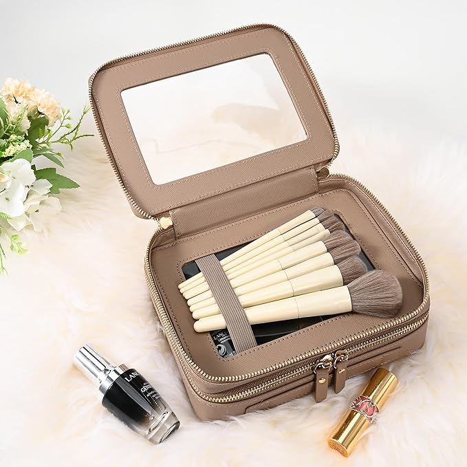 Aveniee Large Clear Makeup Bags, Double Layer Cosmetic Bags with Separate Brush Compartment, Travel Toiletry Bag Cosmetic Train Case, Travel Accessories Organizer for Women(2 Layers, Brown)