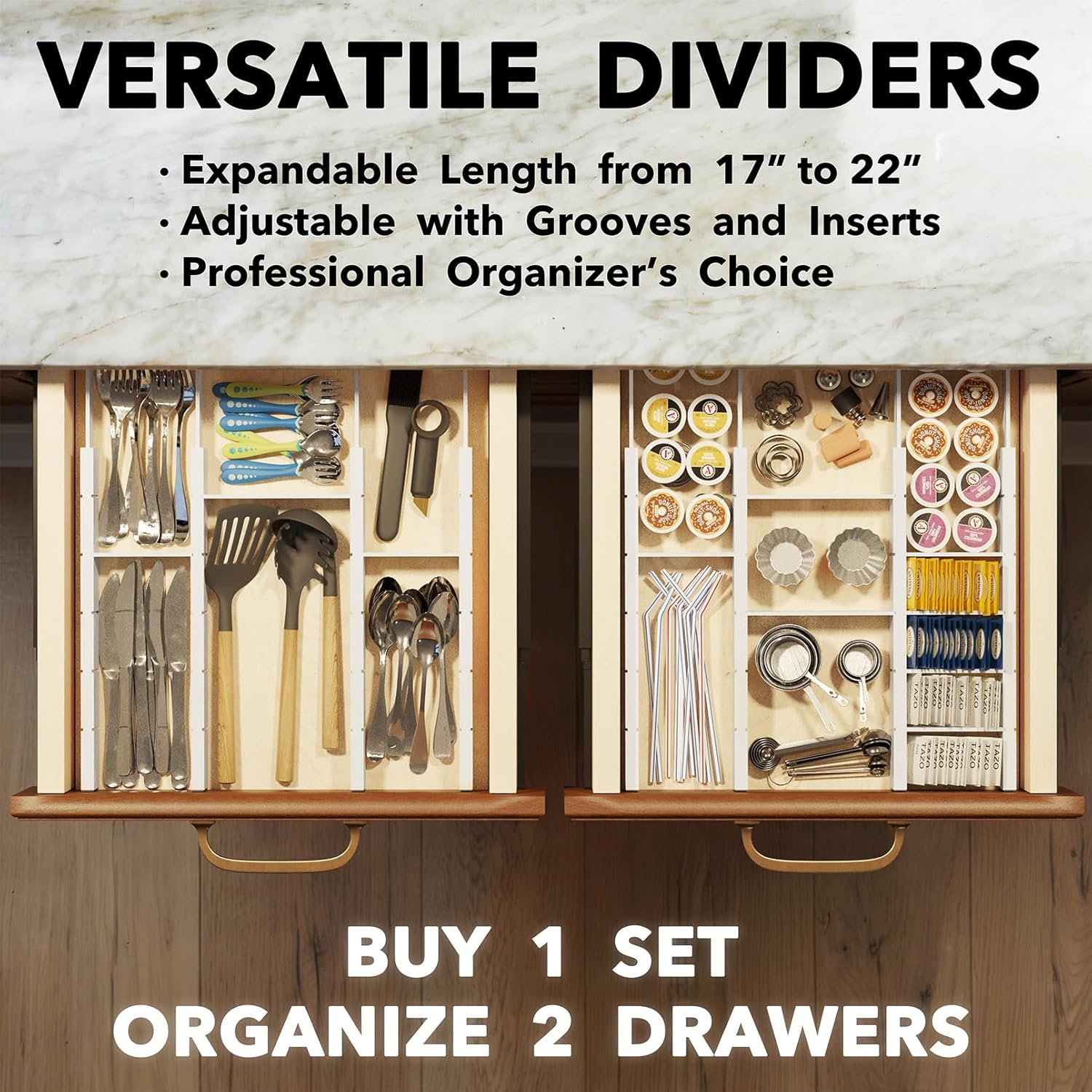 SpaceAid Bamboo Drawer Dividers with Inserts and Labels, Kitchen Adjustable Drawer Organizers, Expandable Organization for Home, Office, Dressers, 10 Dividers with 24 Inserts (17"-22" White)