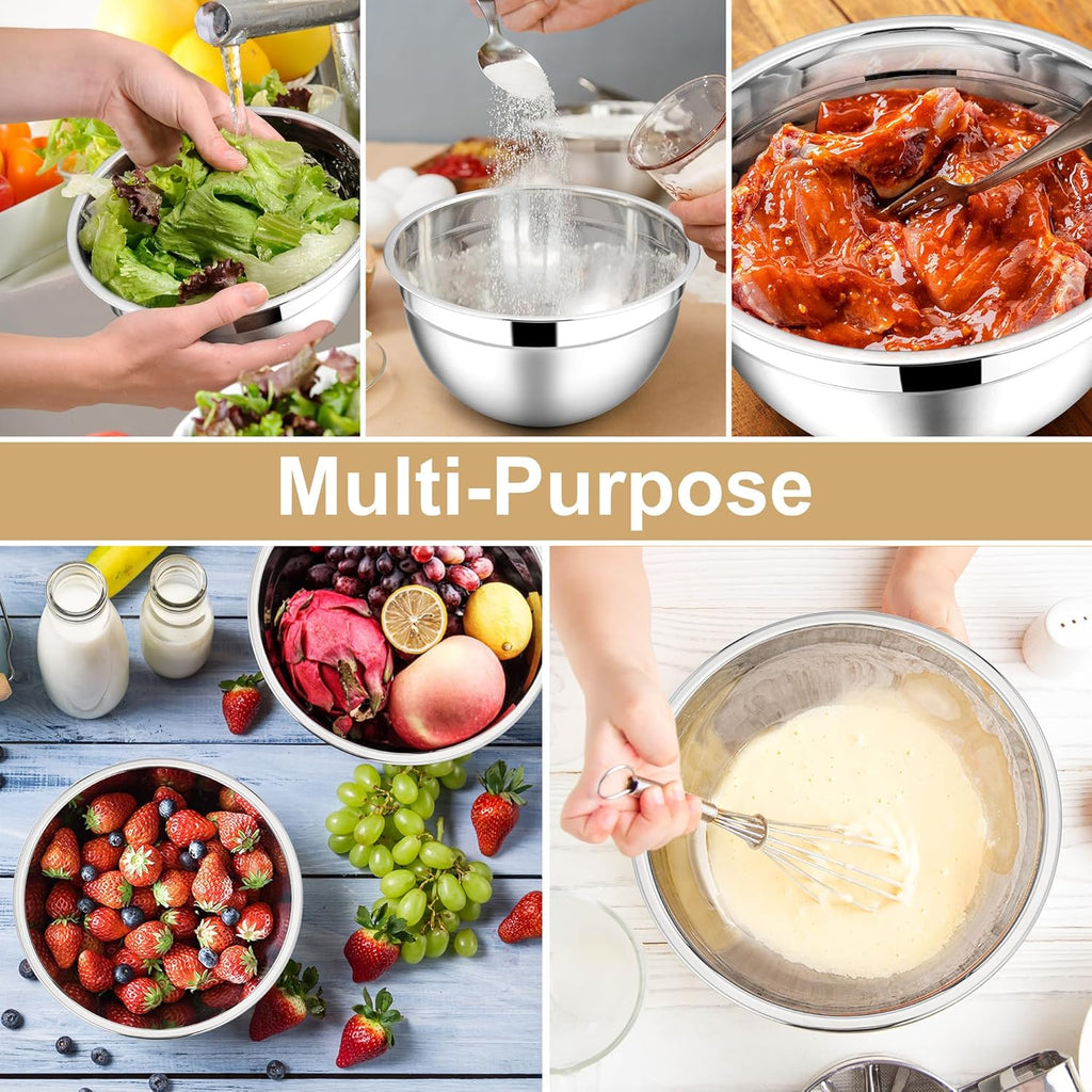 E-far Mixing Bowls with Lids, 12-Piece Stainless Steel Salad Bowls Metal Nesting Bowls for Baking Cooking and Prepping, Airtight Lids & Stackable Design, Size 7, 4.5, 3, 1.5, 1.2, 0.7 QT (Khaki)