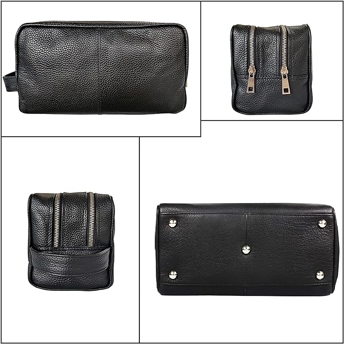 RUSTIC TOWN Full Grain Leather Travel Toiletry Bag - Dopp Kit Travel Organizer (Medium, Black)