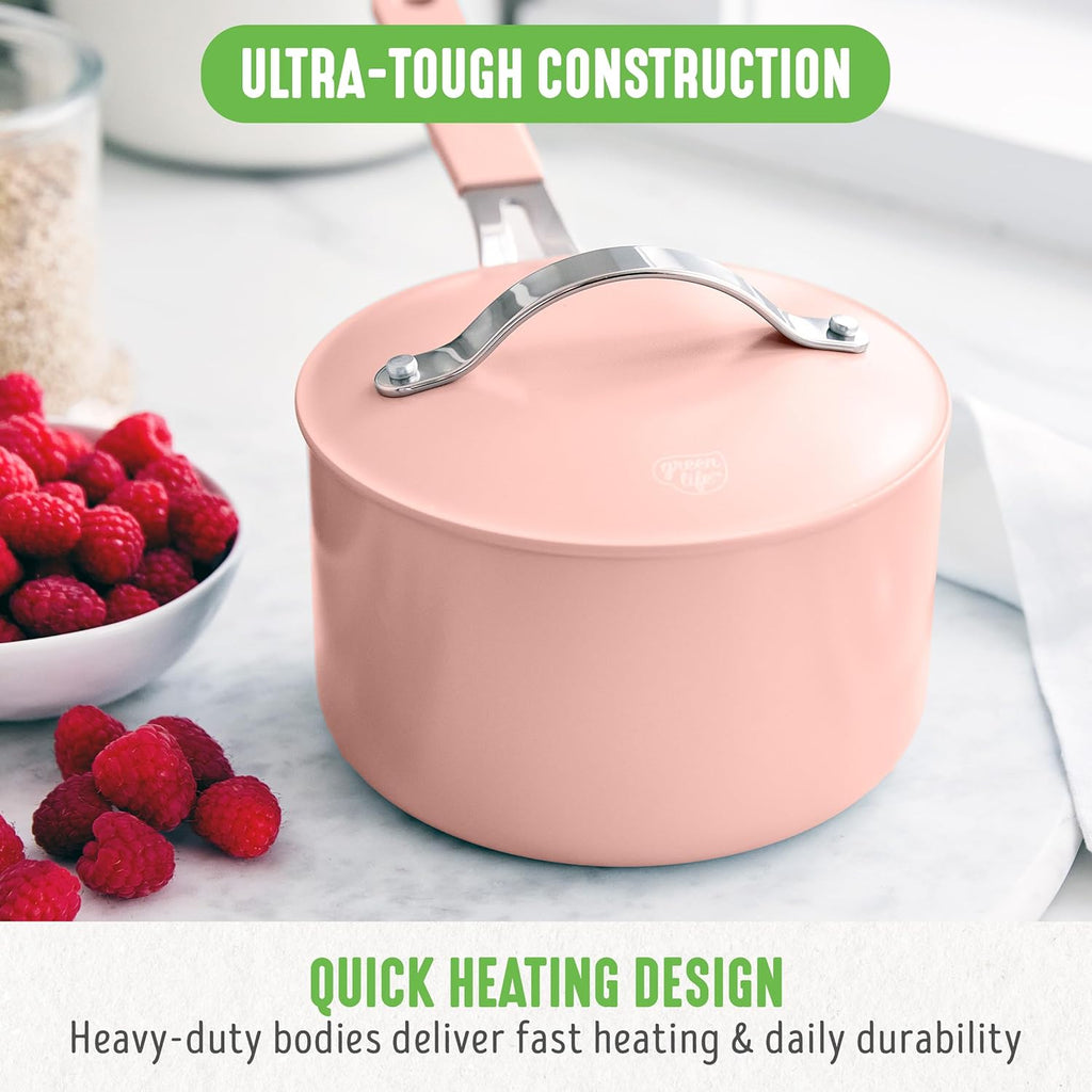 GreenLife 2 Quart Nonstick Saucepan with Lid, Lightweight Healthy PFAS-Free Milk Pan, Dishwasher & Oven Safe Soup Pan, Durable Body, Silicone Stay-Cool Handle, Easy Release Chef’s Pan, Pink