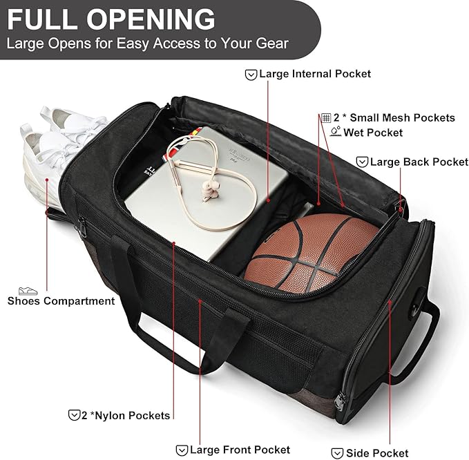 Gym Duffle Bag for Men and Women, Small Travel Duffle Bag Fitness Workout Bag with Wet Pocket and Shoes Compartment 40L Lightweight, Water Resistant Large Weekender Overnight Bags, Christmas Gift