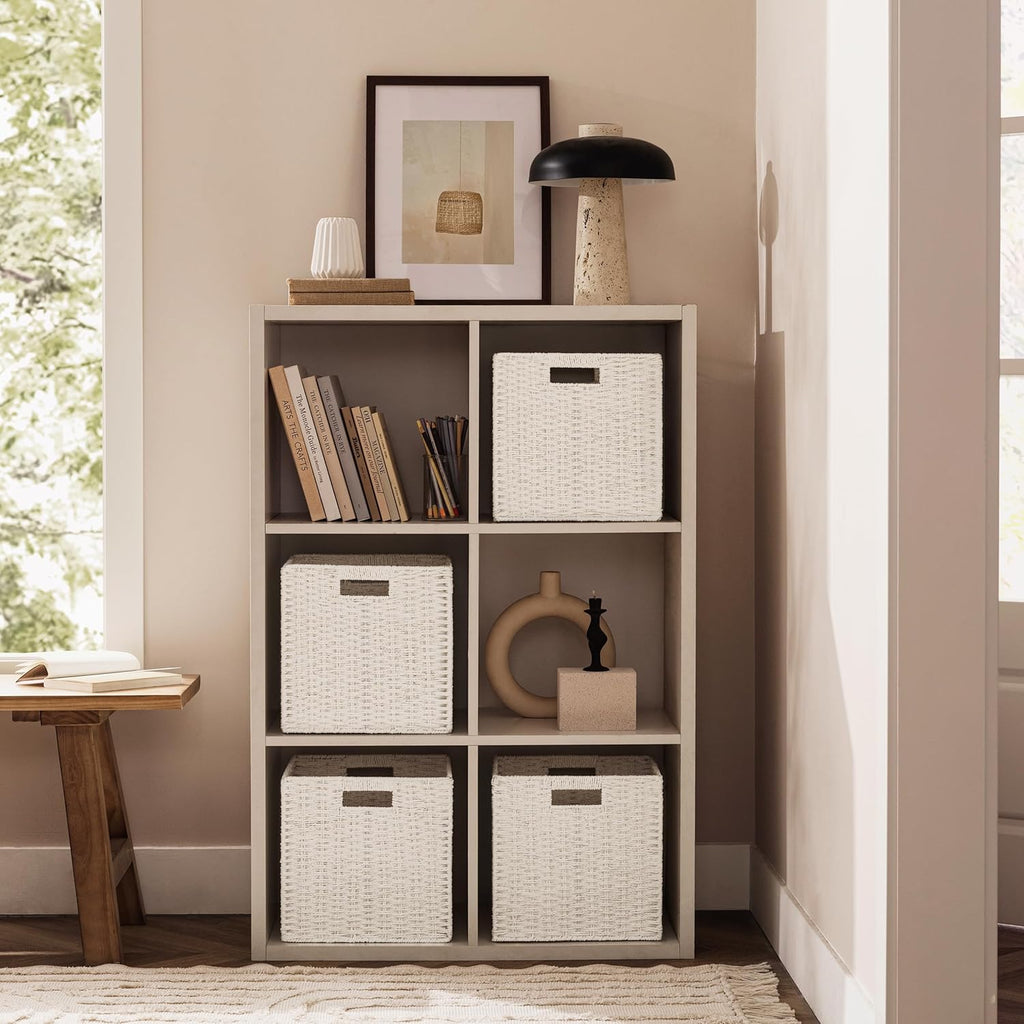 UBBCARE 3 Pack Wicker Basket, 11L×11H×10.5W inch Woven Paper Rope Storage Baskets for shelves, Foldable Cube Storage bin with Handle, Storage Basket for Organizing & Decor, White