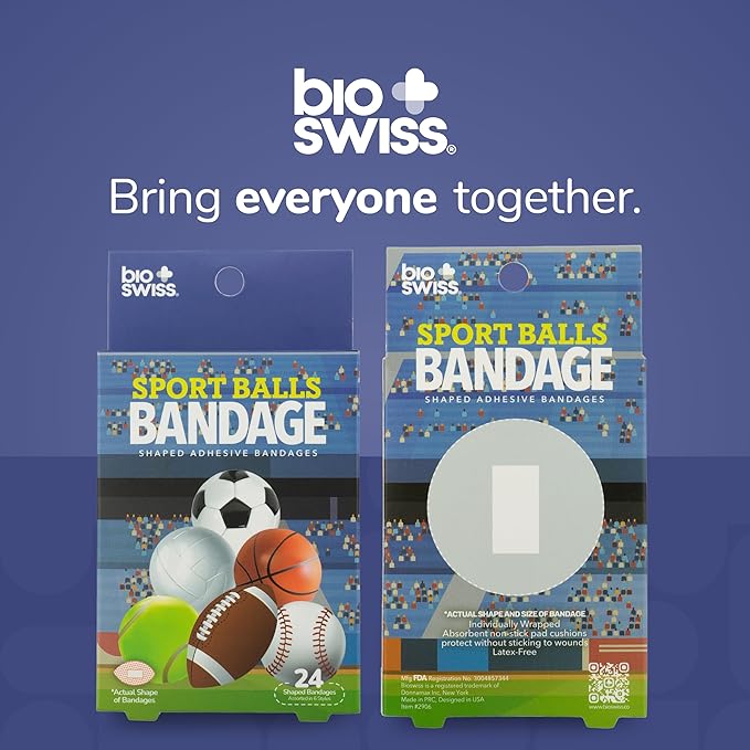 BioSwiss Bandages, Sports Balls Shaped Self Adhesive Bandage, Latex Free Sterile Wound Care, Fun First Aid Kit Supplies for Kids and Adults, 24 Count