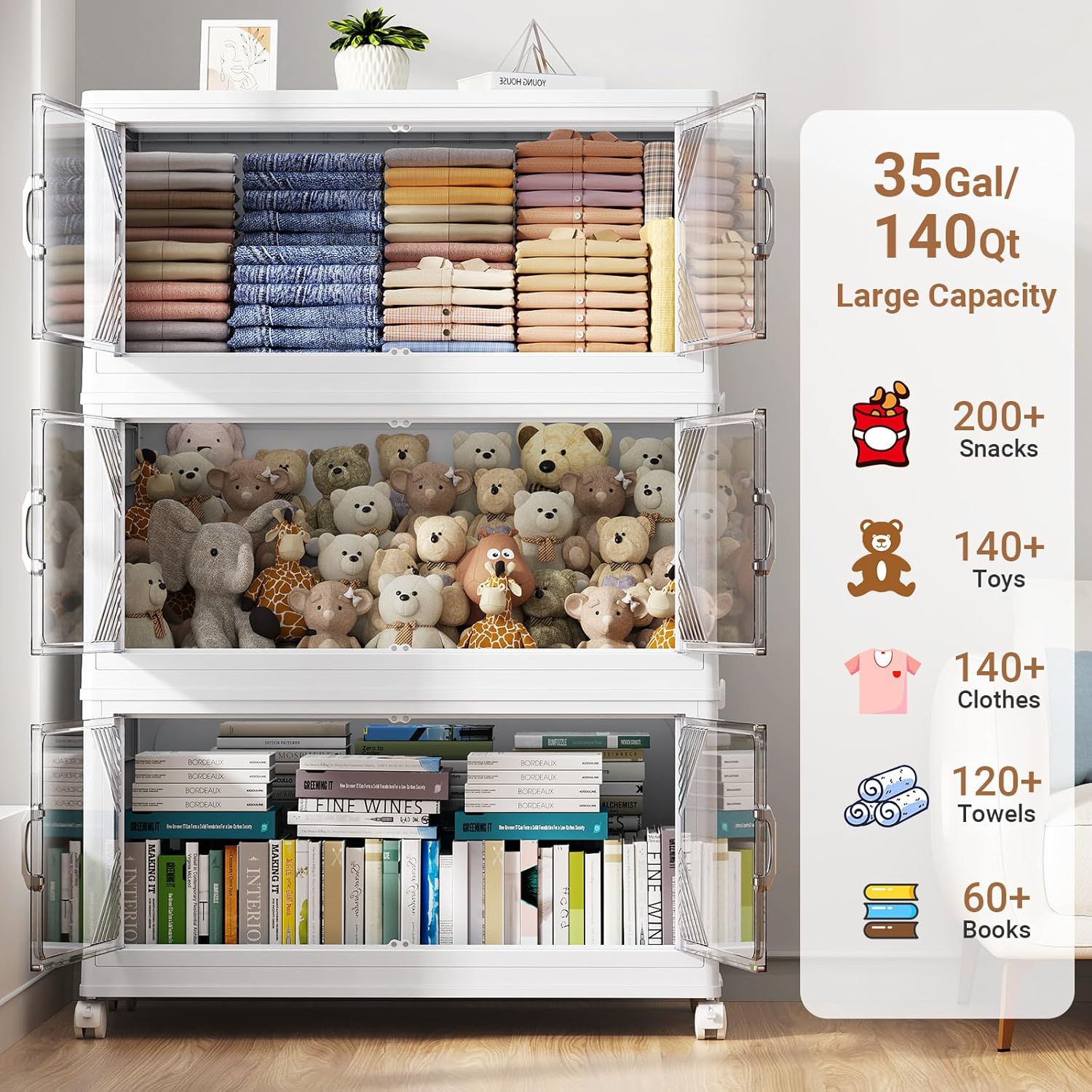 105Gal Plastic Stackable Storage Bins with Lid, 420QT Extra Large Closet Organizers Collapsible Cabinets Boxes With Drawers, Foldable Containers with 4x Wheels for Home Kitchen, V60 3Pack White