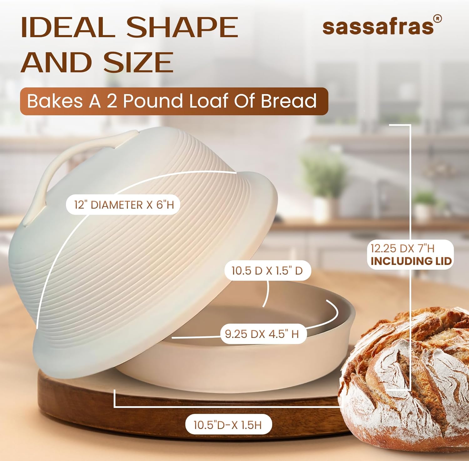 Sassafras Superstone Stoneware La Cloche Bread Baker, Unglazed, Baking Stone for Bread, Capacity 5QT 12”D x7”H with handle, Withstands Temperature 500-2100 Fahrenheit