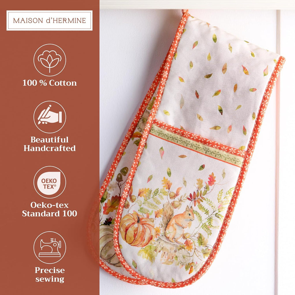 Maison d' Hermine Double Oven Mitts 100% Cotton 7"x35" Double Oven Mitt Heat Resistant BBQ Cooking Gloves with Loop, Baking, Grilling, Home, Kitchen, Handling Hot Pans (Pumpkin Passion)