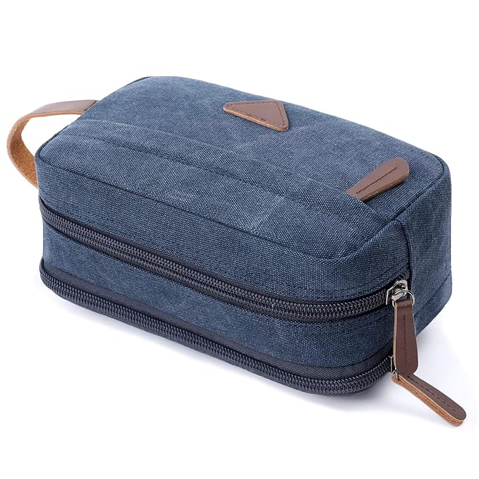 Mactso Mens Travel Toiletry Bag Canvas Leather Cosmetic Makeup Organizer Shaving Dopp Kits with Double Compartments (Blue 1)