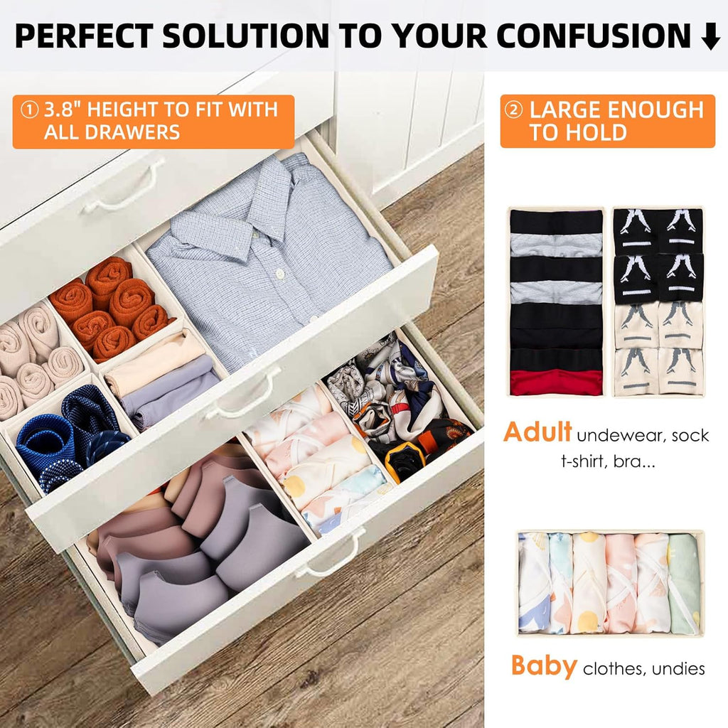 Criusia Drawer Organizer Clothes 6 Pack - Sock Underwear Drawer Organizer Divider - Dresser Organizer Bins for Closet Bedroom - Baby Clothes Organizers and Storage for Nursery Organization -Beige