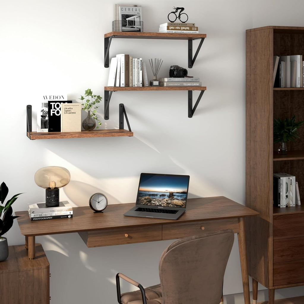 Heimlove Floating Shelves for Wall, 16 Inch Long Wood Floating Shelves Set of 3, Wall Mounted Hanging Shelf for Bathroom Bedroom Kitchen, Rustic Brown