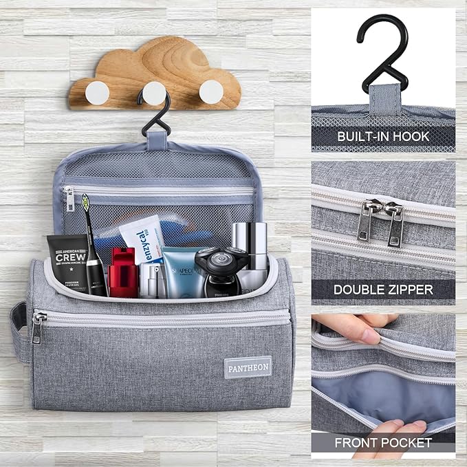 Pantheon Travel Toiletry Bag for Men and Women, Travel bag for Toiletries, Valentines Day Gifts for Men, Travel Bathroom Bag, Mens Travel Bag Hanging Toiletry Organizer Toiletry Kit (Gray)