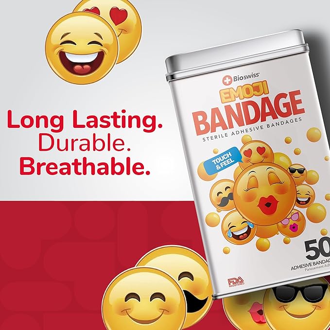 BioSwiss Bandages, Emoji Shaped Self Adhesive Bandage, Latex Free Sterile Wound Care, Fun First Aid Kit Supplies for Kids, 50 Count