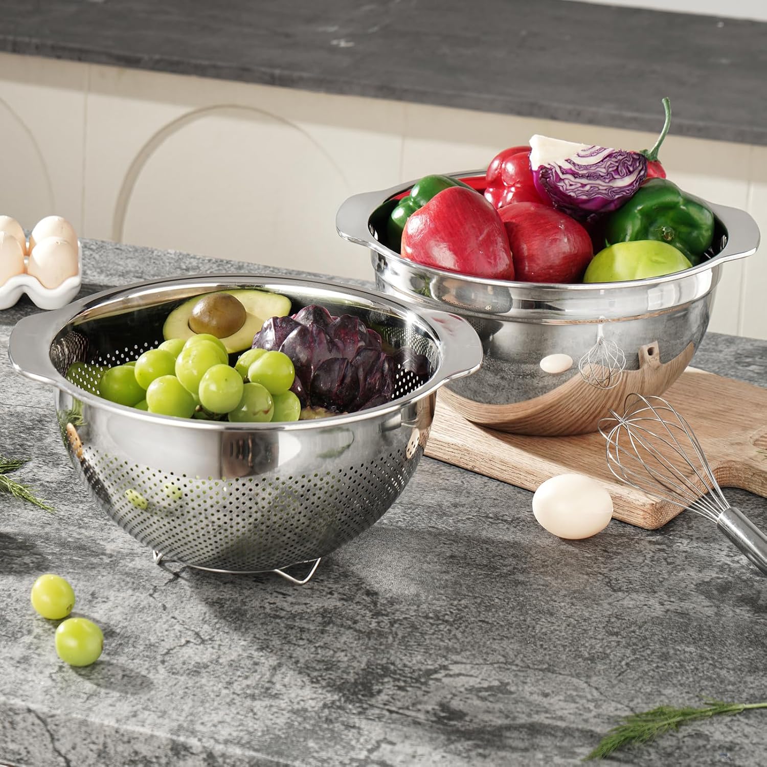 18/8 Stainless Steel Microwell Colander, 3.5QT Large Capacity with Handle Kitchen Food Strainer Basket for Washing Vegetables, Fruits, Rice, and Pasta (primary colour, 3.5QTColander+3.5QT Mixing bowl)