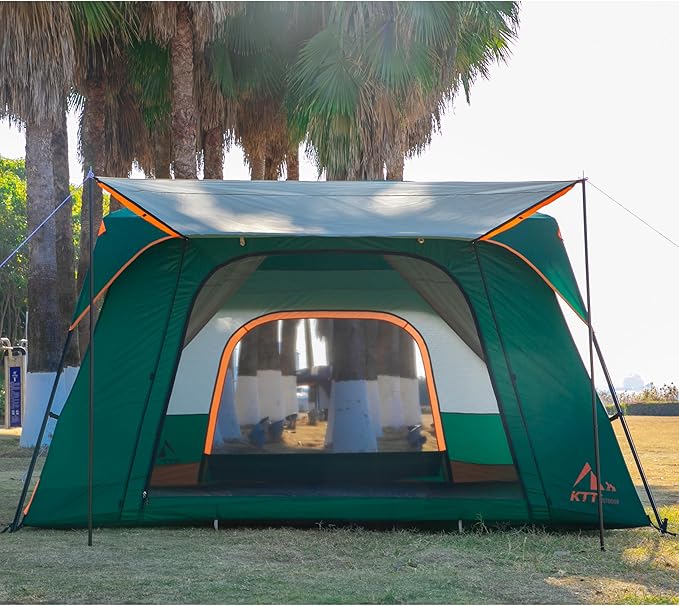 KTT Extra Large Tent 10-12-14 Person(A),Family Cabin Tents,2 Rooms,3 Doors and 3 Windows with Mesh,Straight Wall,Waterproof,Double Layer,Big Tent for Outdoor,Picnic,Camping,Family Gathering