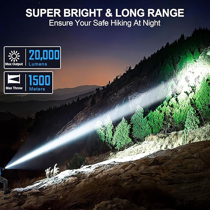 Flashlights High Lumens Rechargeable, 20,000 Lumens Super Bright 1500 Meters Long Range Small Powerful Flashlight, 6 Modes LED Tactical Pocket Waterproof Flash Light for Home Emergency (2, Green)