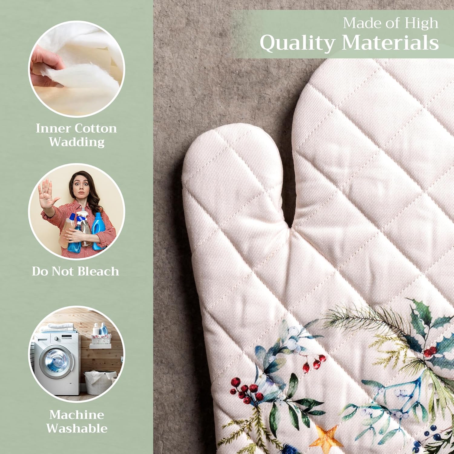 Maison d' Hermine Oven Gloves 100% Cotton Oven Mitt 7" x 13" with Loop Heat Resistant, BBQ, Cooking Gloves, Baking, Grilling, Kitchen, Handling Hot Pans (Pack of 1, Holly Time)