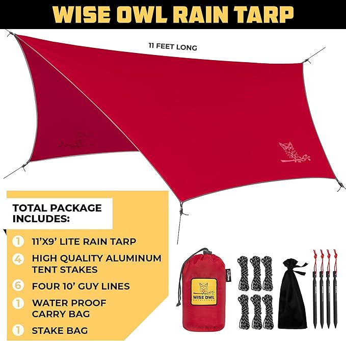 Wise Owl Outfitters Hammock Tarp, Hammock Tent - Rain Tarp for Camping Hammock - Camping Gear Must Haves w/Easy Set Up Including Tent Stakes and Carry Bag