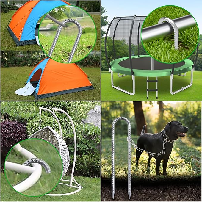 Trampoline Wind Stakes 16 Inch, 3/8" Diameter Heavy Duty U Shaped Rebar Tent Fence Stakes for Ground, Galvanized Trampoline Tie Down Anchor Kit 8 Pack