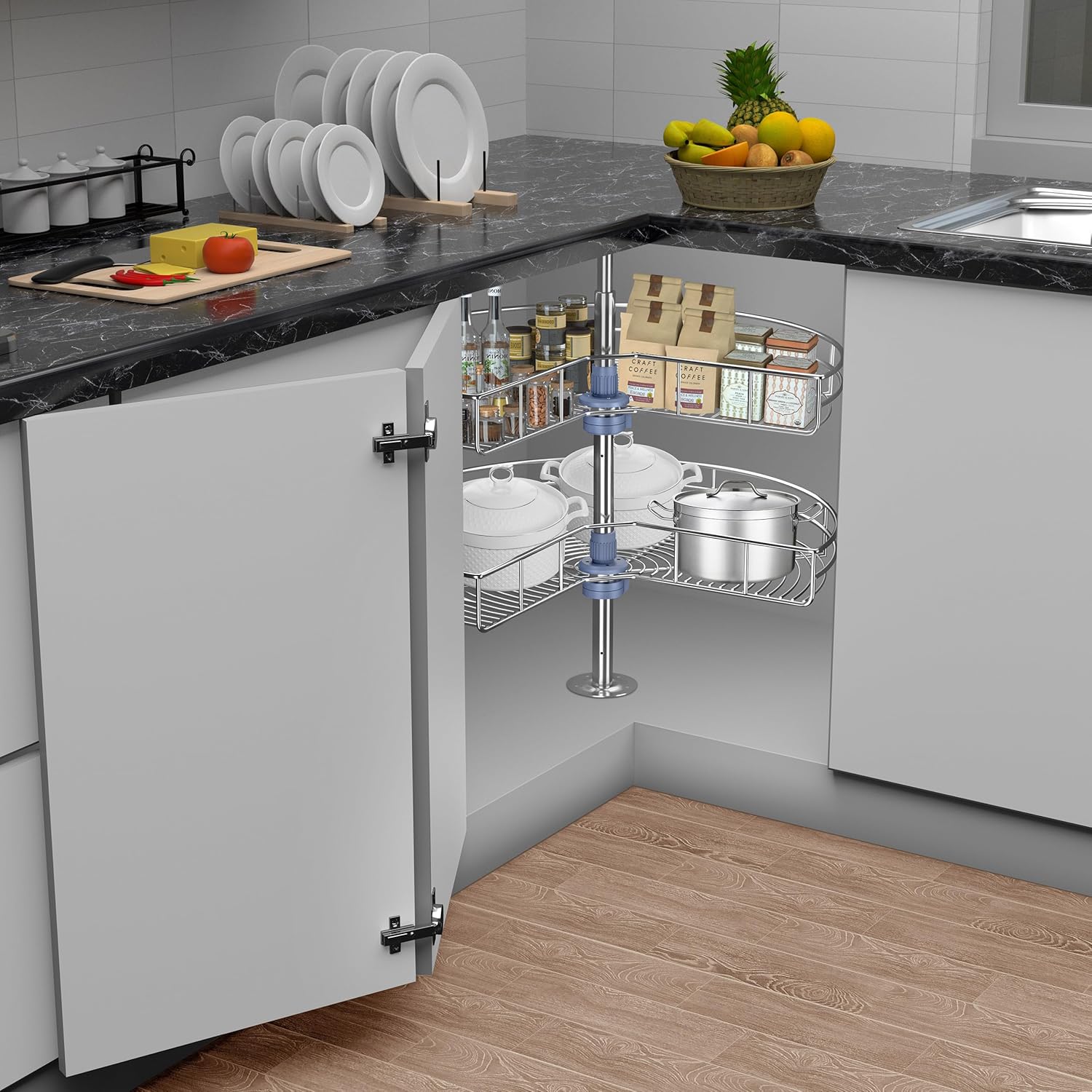 24" Kidney Corner Cabinet Lazy Susan - Turntable for Kitchen, Adjustable Height Replacement Shelves for Corner Cabinet, Chrome Silver (Cannot be Door-Mounted)