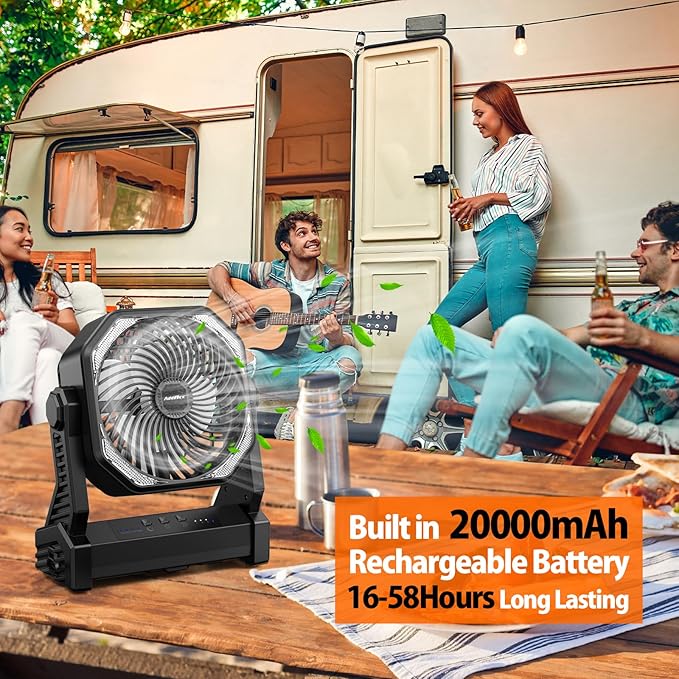 20000mAh Camping Fan, Rechargeable Portable Fan with 400 Lumes Light, 360° Rotatable Hook, 270° Pivot, 4 Speeds, 58Hrs Battery Powered for Tent Car Trip Outdoor BBQ Hurricane Power Outages