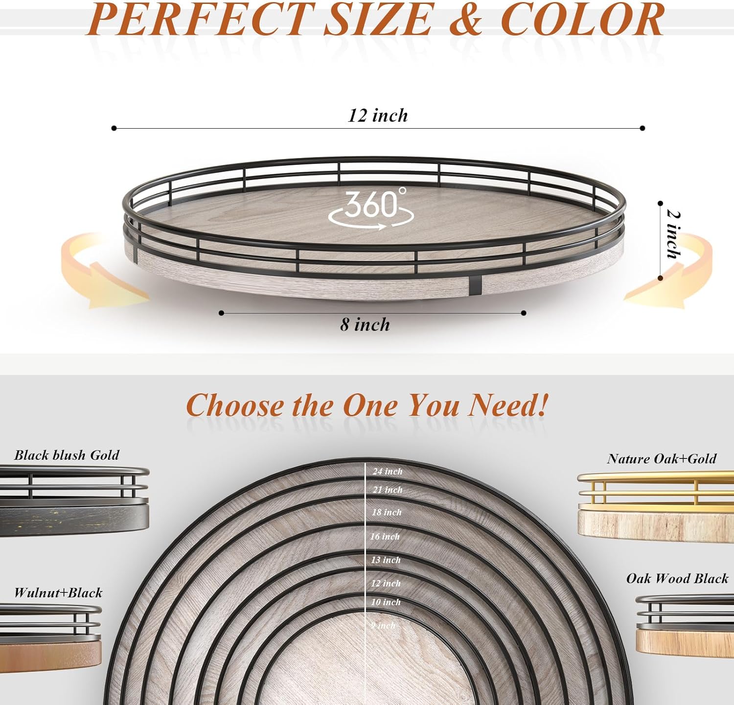 12" Farmhouse Lazy Susan for Kitchen & Coffee Table Decor – Rustic Wood Tray with Black Metal Frame, Decorative Centerpiece for Dining Room, Ottoman, Living Room, Serving or Vanity Use