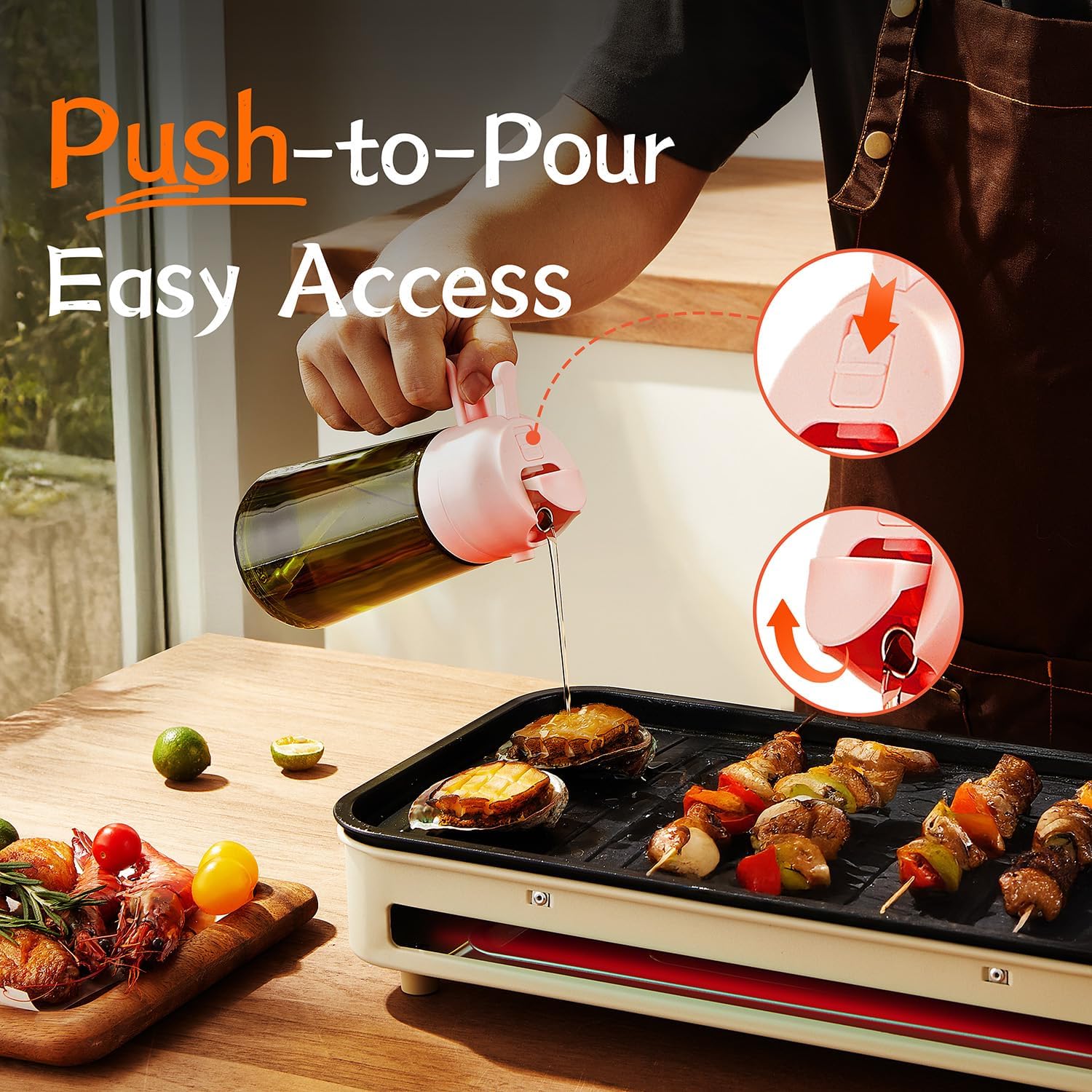 TrendPlain - Original 16oz/470ml Olive Oil Dispenser Bottle for Kitchen Gadgets and Air Fryer Accessories - Olive Oil Sprayer for Cooking w/Stickers - Black&Peach