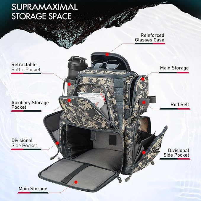 Piscifun Fishing Tackle Backpack with 4 Trays, Large Outdoor Storage Tackle Bag with Protective Rain Cover for Fishing Gear