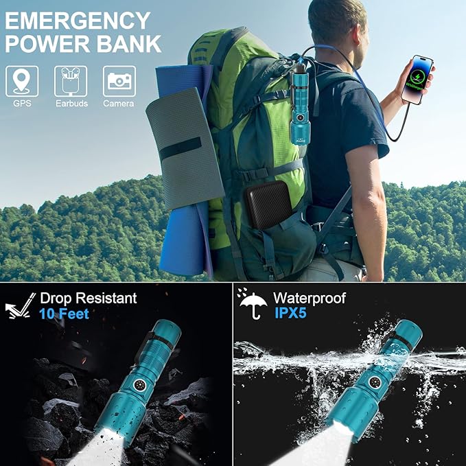Flashlights High Lumens Rechargeable, 20000 Lumens Super Bright 1500 Meters Long Range Small Powerful Flashlight, 6 Modes LED Tactical Pocket Waterproof Flash Light for Camping (2, Black/Turquoise)